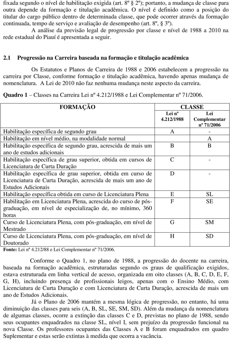 A análise da previsão legal de progressão por classe e nível de 1988 a 20