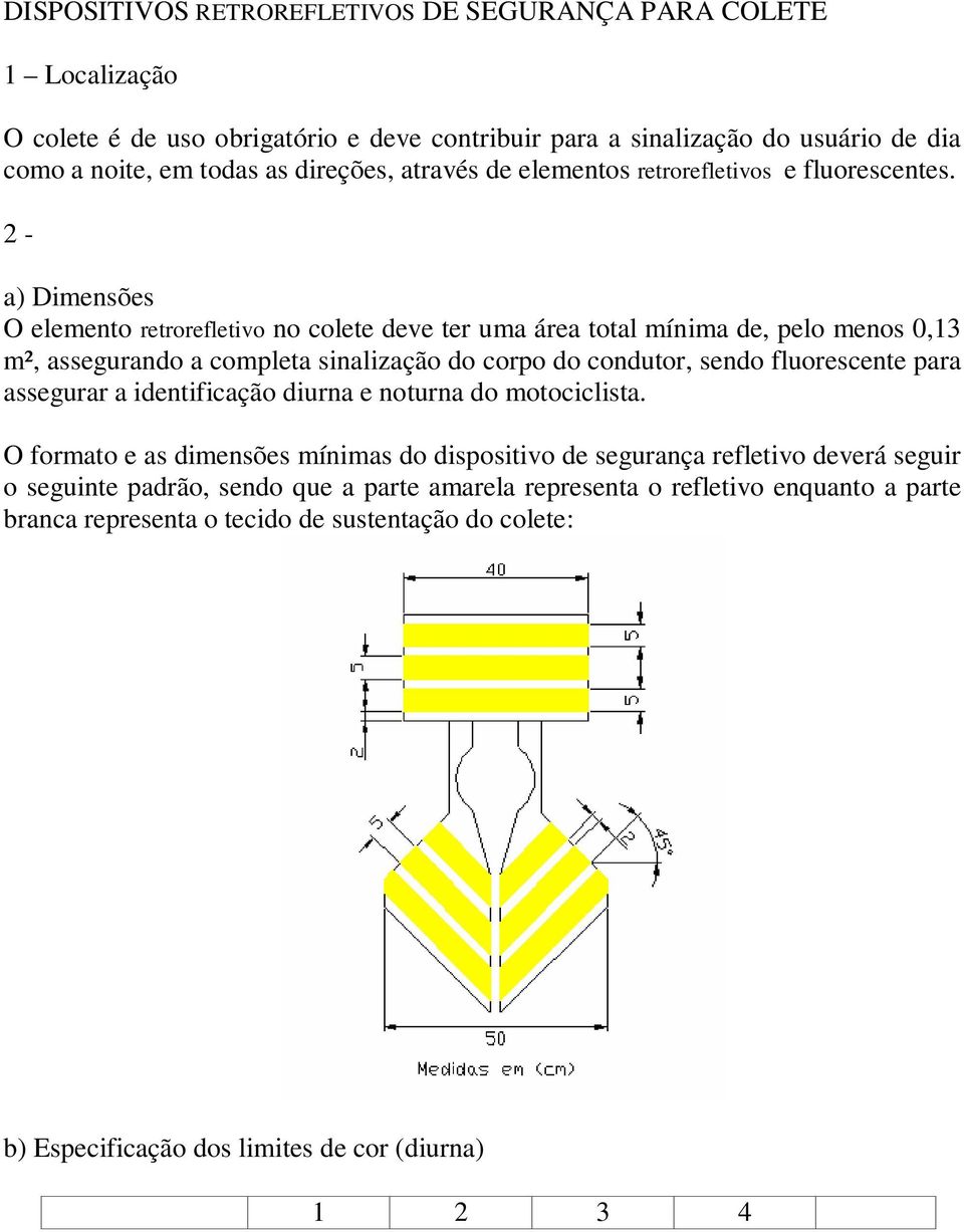 2 - a) Dimensões O elemento retrorefletivo no colete deve ter uma área total mínima de, pelo menos 0,13 m², assegurando a completa sinalização do corpo do condutor, sendo fluorescente para