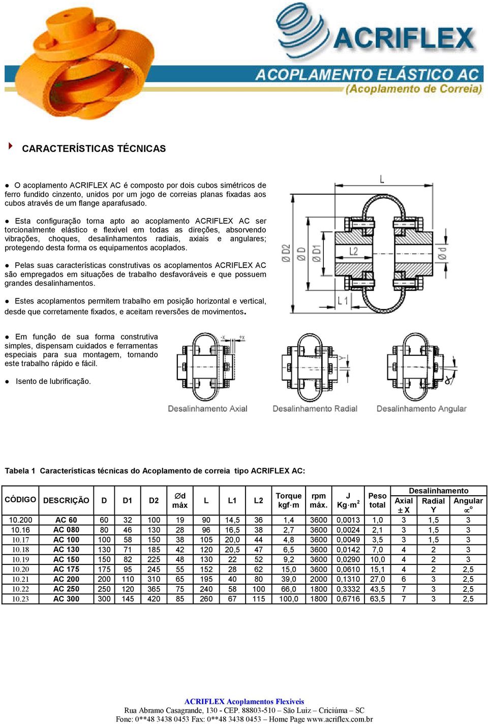 Esta configuração torna apto ao acoplamento ACRIFLEX AC ser torcionalmente elástico e flexível em todas as direções, absorvendo vibrações, choques, desalinhamentos radiais, axiais e angulares;