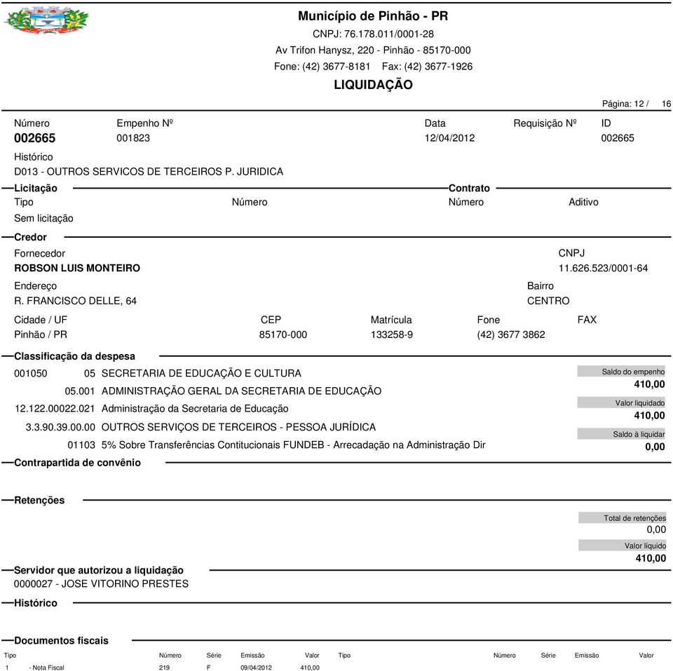 523/0001-64 001050 05 SECRETARIA DE EDUCAÇÃO E CULTURA 05.001 ADMINISTRAÇÃO GERAL DA SECRETARIA DE EDUCAÇÃO 12.122.00022.