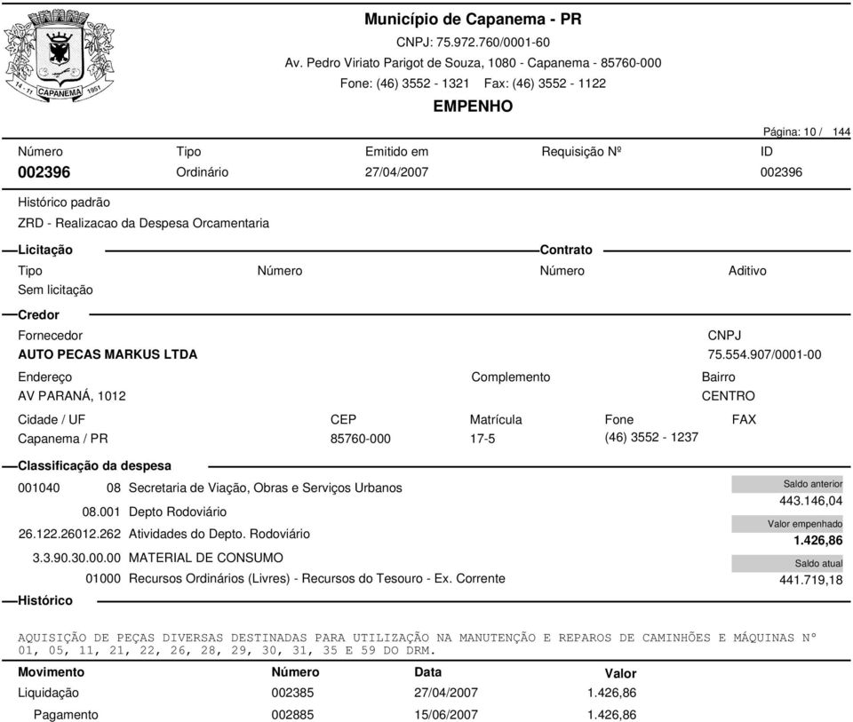 262 Atividades do Depto. Rodoviário 3.3.90.30.00.00 MATERIAL DE CONSUMO 443.146,04 1.426,86 441.