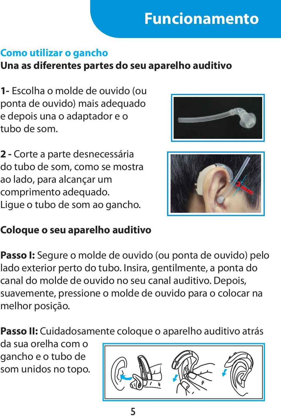Coloque o seu aparelho auditivo Passo I: Segure o molde de ouvido (ou ponta de ouvido) pelo lado exterior perto do tubo.