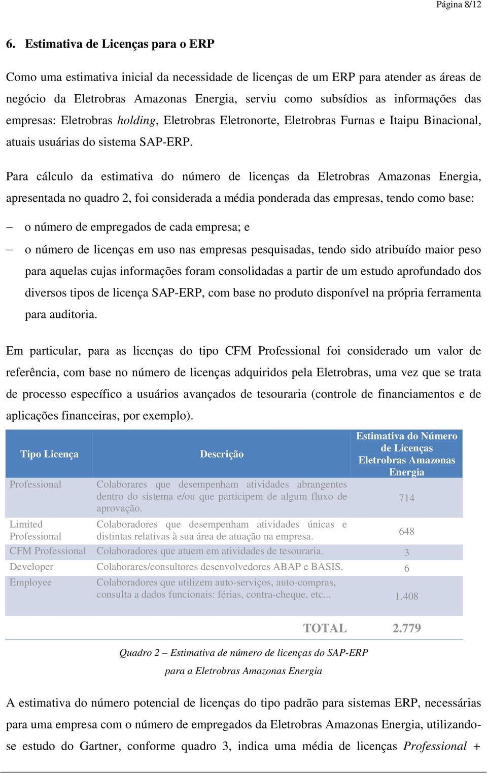 informações das empresas: Eletrobras holding, Eletrobras Eletronorte, Eletrobras Furnas e Itaipu Binacional, atuais usuárias do sistema SAP-ERP.