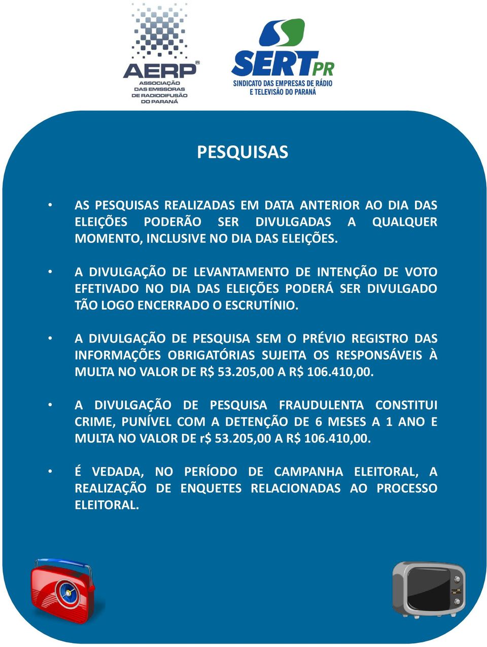 A DIVULGAÇÃO DE PESQUISA SEM O PRÉVIO REGISTRO DAS INFORMAÇÕES OBRIGATÓRIAS SUJEITA OS RESPONSÁVEIS À MULTA NO VALOR DE R$ 53.205,00 A R$ 106.410,00.