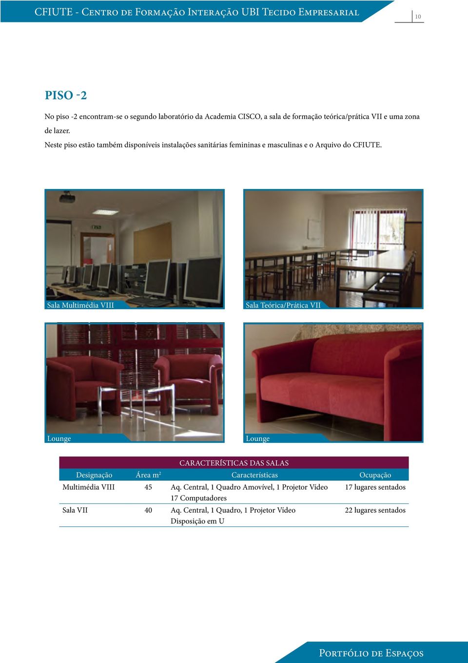 Sala Multimédia VIII Sala Teórica/Prática VII Lounge Lounge CARACTERÍSTICAS DAS SALAS Designação Área m 2 Características Ocupação