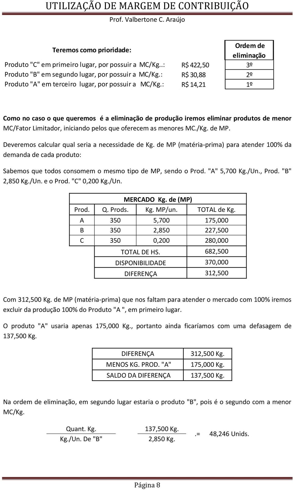 menores MC./Kg. de MP. Deveremos calcular qual seria a necessidade de Kg.