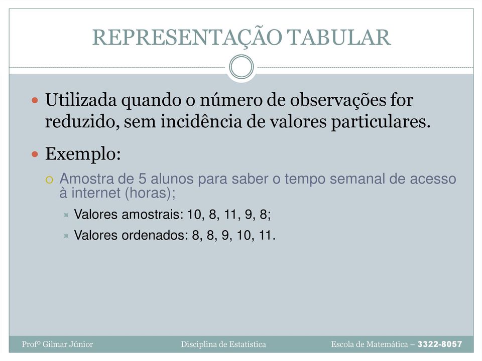 Exemplo: Amostra de 5 alunos para saber o tempo semanal de acesso à