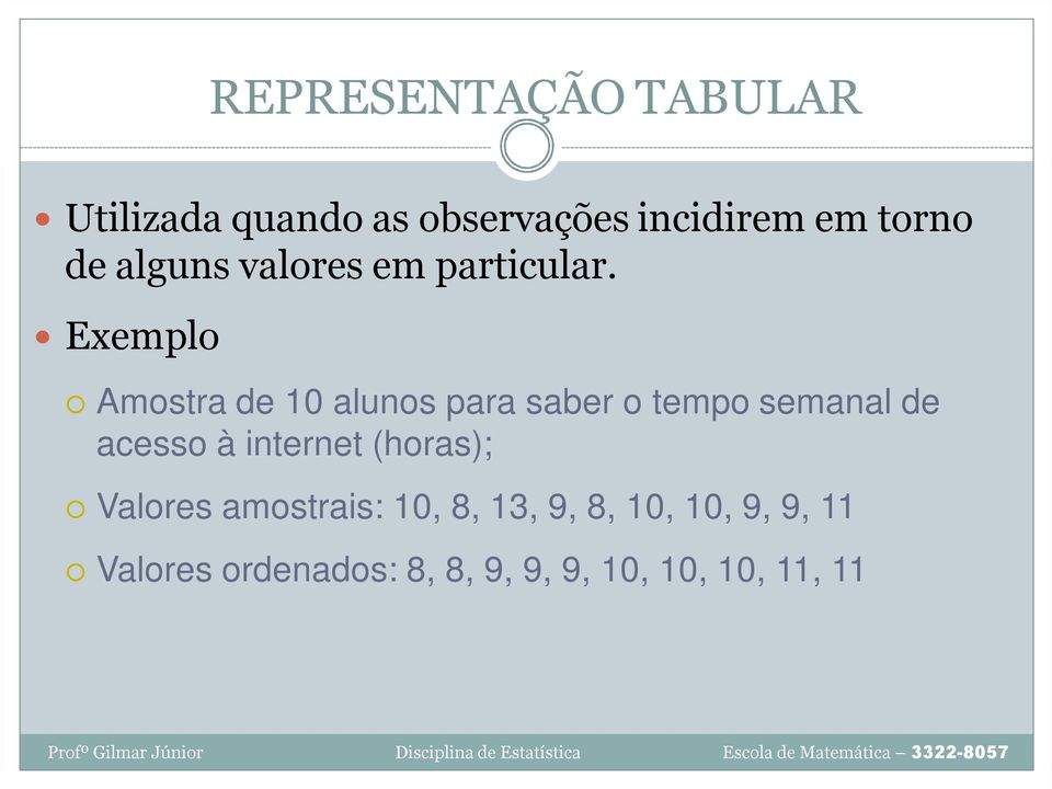 Exemplo Amostra de 10 alunos para saber o tempo semanal de acesso à