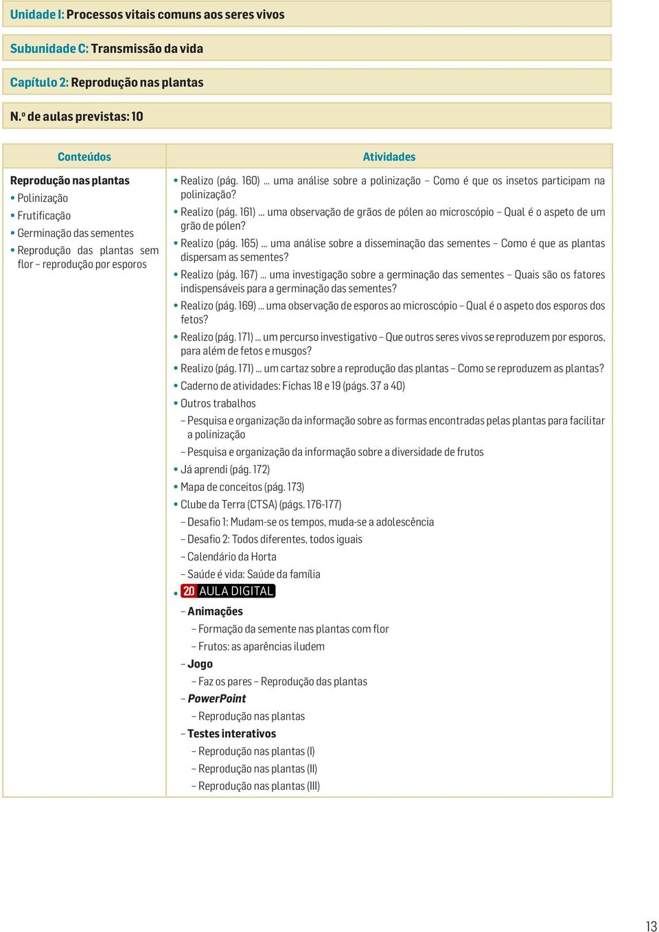 160) uma análise sobre a polinização Como é que os insetos participam na polinização? Realizo (pág. 161) uma observação de grãos de pólen ao microscópio Qual é o aspeto de um grão de pólen?