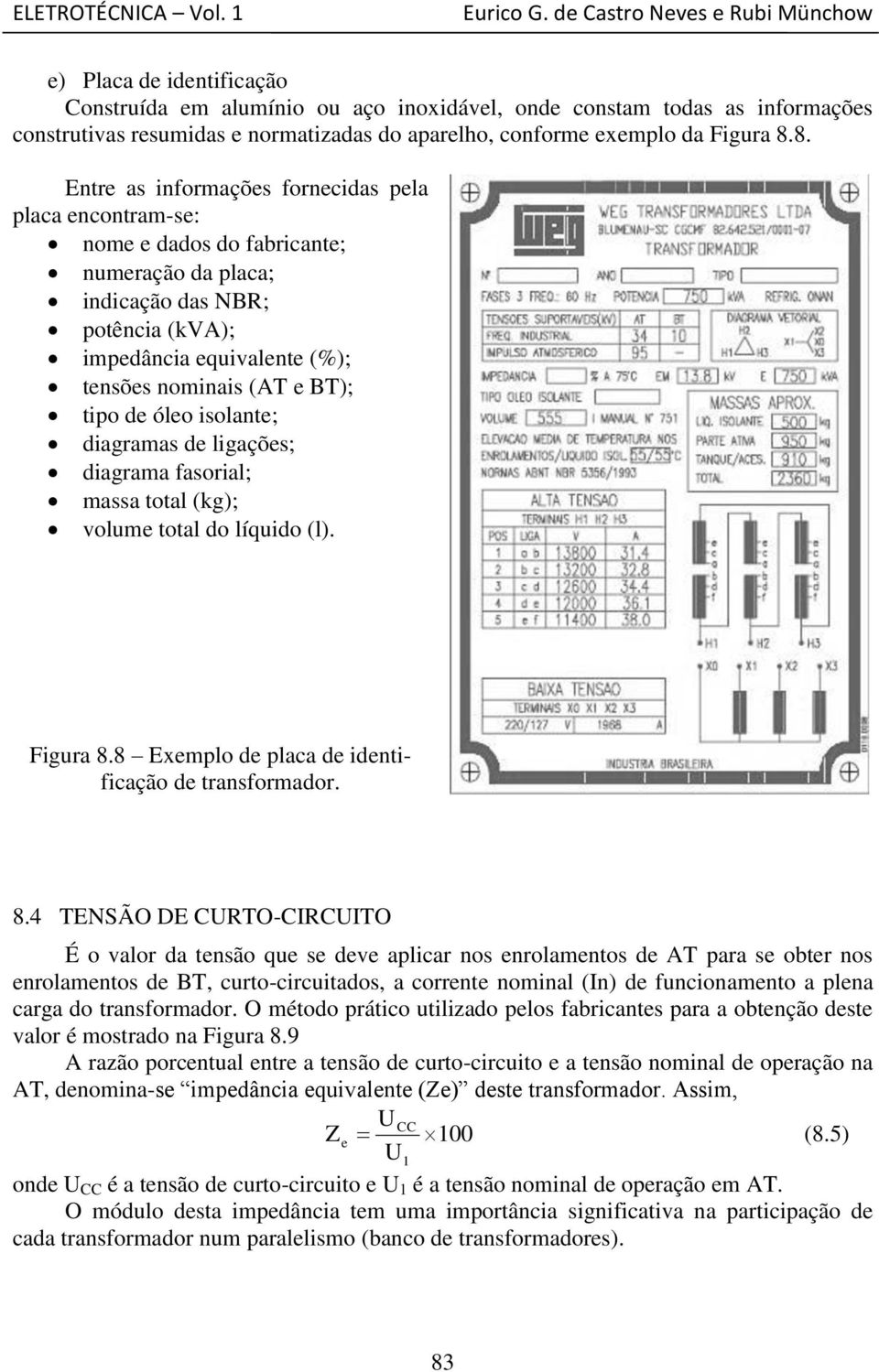 tipo de óleo isolante; diagramas de ligações; diagrama fasorial; massa total (kg); volume total do líquido (l). Figura 8.