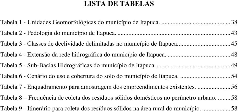 ... 48 Tabela 5 - Sub-Bacias Hidrográficas do município de Itapuca.... 49 Tabela 6 - Cenário do uso e cobertura do solo do município de Itapuca.