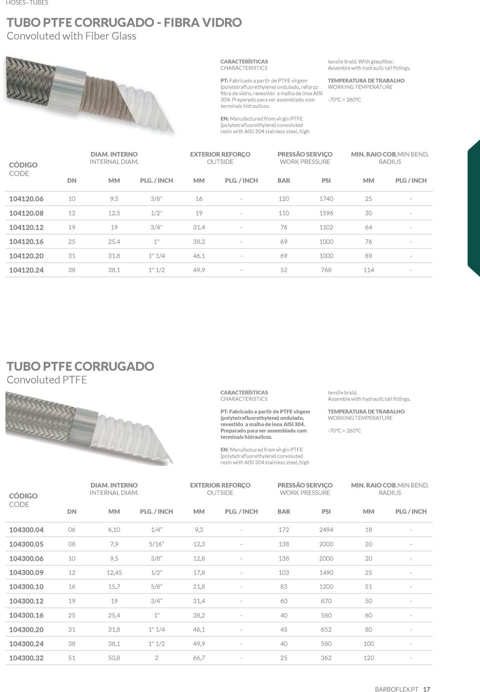EN: Manufactured from virgin PTFE (polytetrafluorethylene) convoluted resin with AISI 304 stainless steel, high -70ºC > 260ºC REFORÇO MIN BEND. RADIUS BAR PSI 104120.06 10 9.