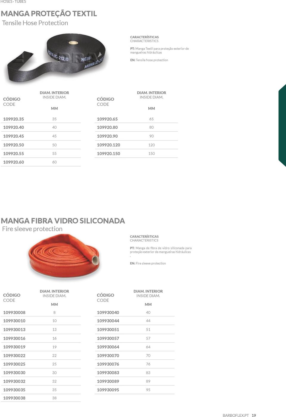 60 60 MANGA FIBRA VIDRO SILICONADA Fire sleeve protection PT: Manga de fibra de vidro siliconada para proteção exterior de mangueiras hidráulicas. EN: Fire sleeve protection DIAM.