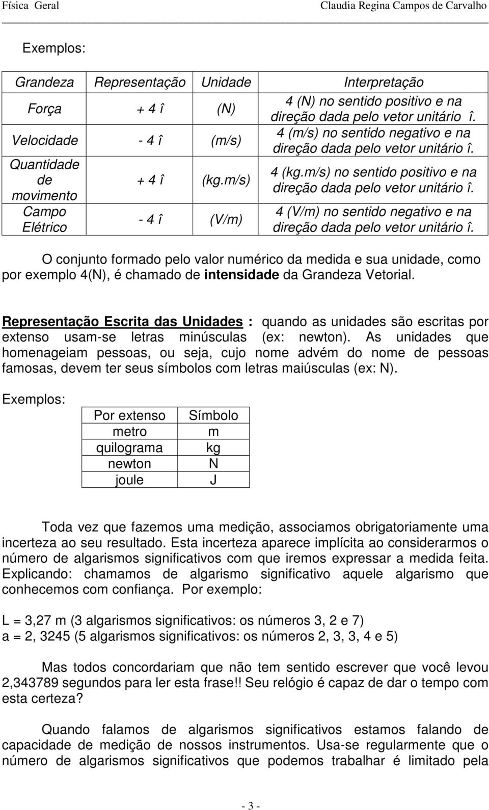 m/s) no sentido positivo e na direção dada pelo vetor unitário î. 4 (V/m) no sentido negativo e na direção dada pelo vetor unitário î.