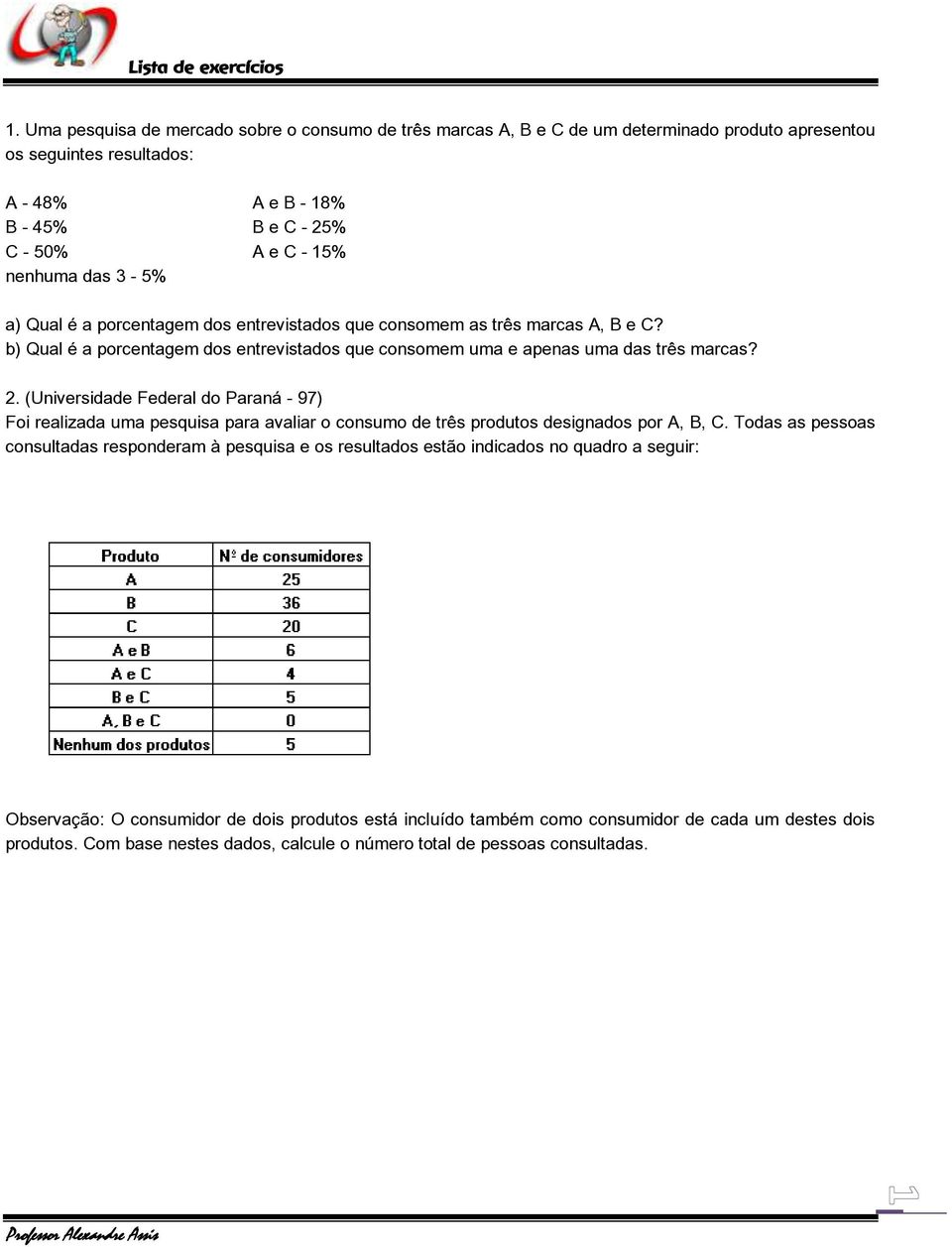 (Universidade Federal do Paraná - 97) Foi realizada uma pesquisa para avaliar o consumo de três produtos designados por A, B, C.