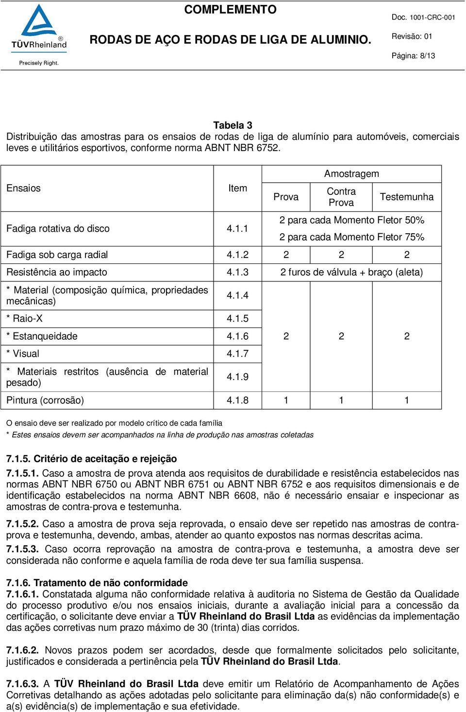 1.3 2 furos de válvula + braço (aleta) * Material (composição química, propriedades mecânicas) 4.1.4 * Raio-X 4.1.5 * Estanqueidade 4.1.6 2 2 2 * Visual 4.1.7 * Materiais restritos (ausência de material pesado) 4.