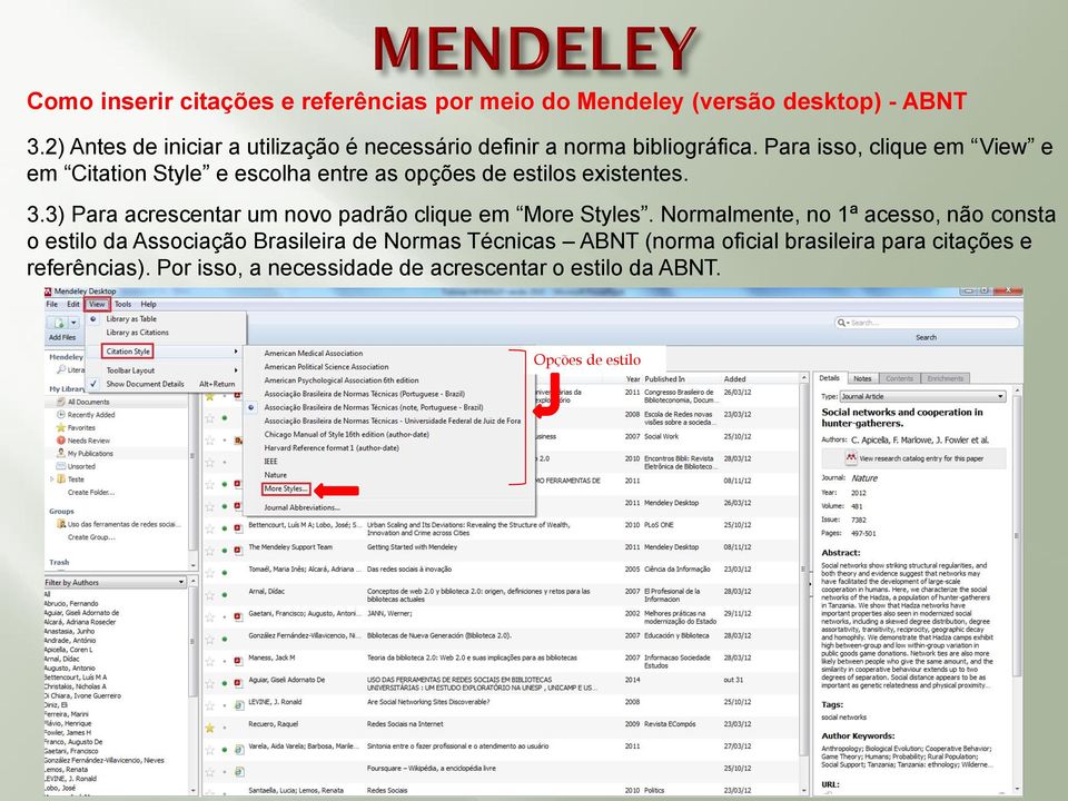 Para isso, clique em View e em Citation Style e escolha entre as opções de estilos existentes. 3.