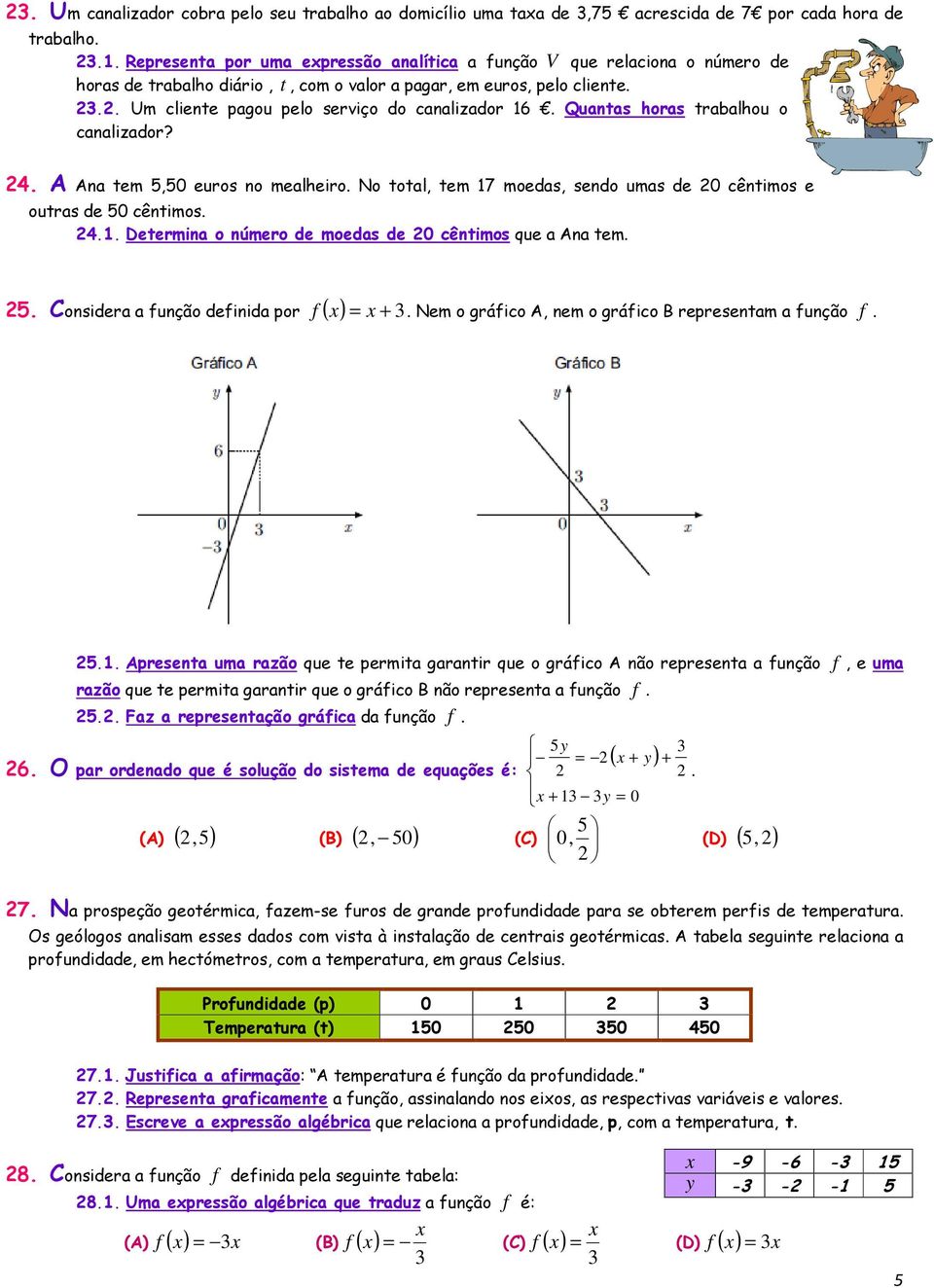 Quantas horas trabalhou o canalizador?. A Ana tem,0 euros no mealheiro. No total, tem 17 moedas, sendo umas de 0 cêntimos e outras de 0 cêntimos..1. Determina o número de moedas de 0 cêntimos que a Ana tem.