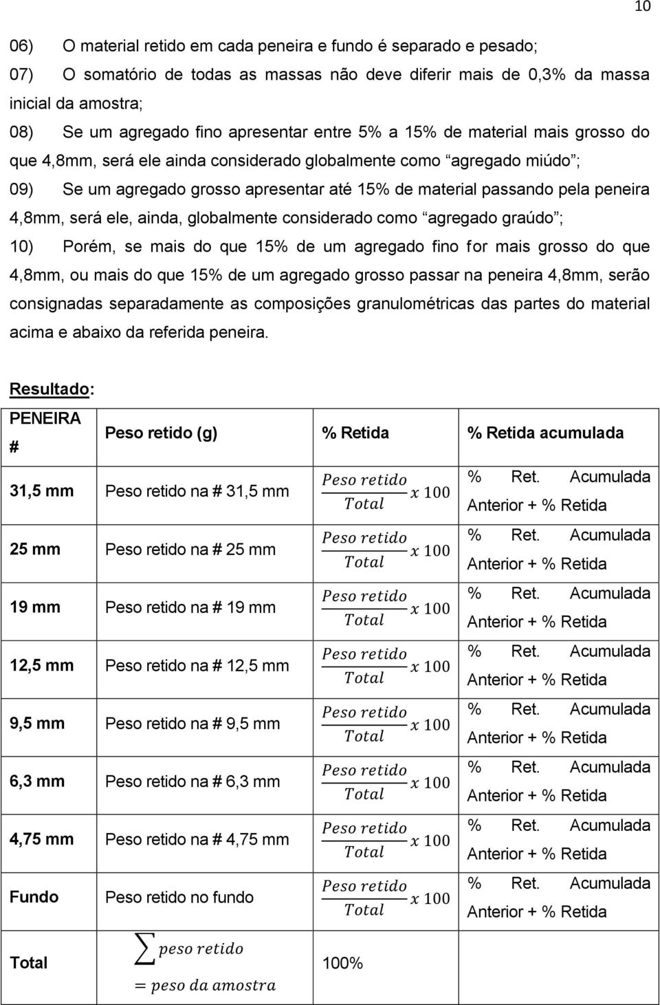 será ele, ainda, globalmente considerado como agregado graúdo ; 10) Porém, se mais do que 15% de um agregado fino for mais grosso do que 4,8mm, ou mais do que 15% de um agregado grosso passar na