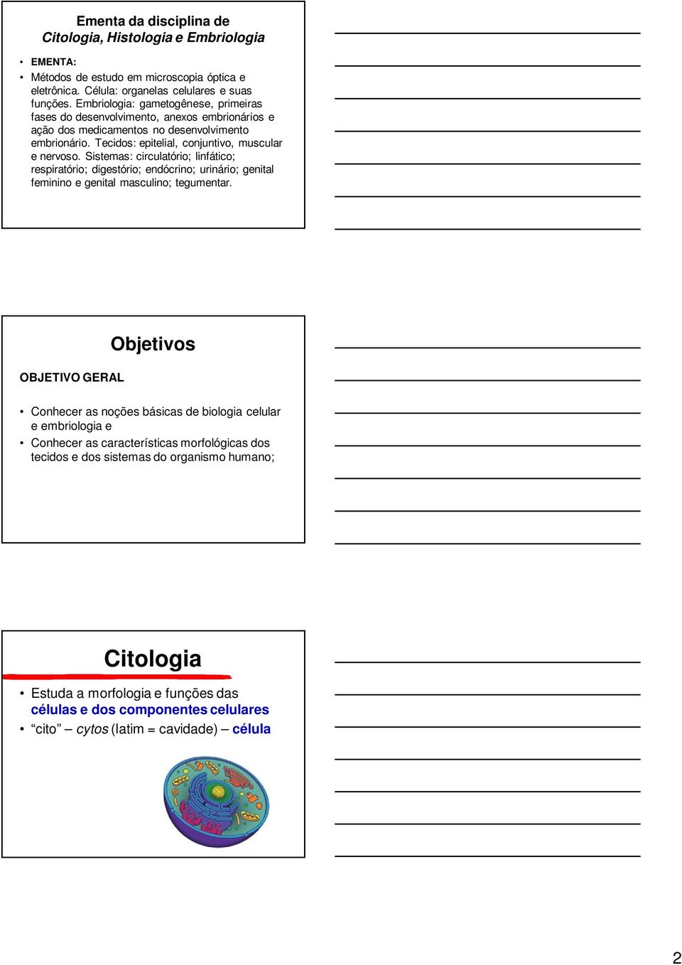 Sistemas: circulatório; linfático; respiratório; digestório; endócrino; urinário; genital feminino e genital masculino; tegumentar.