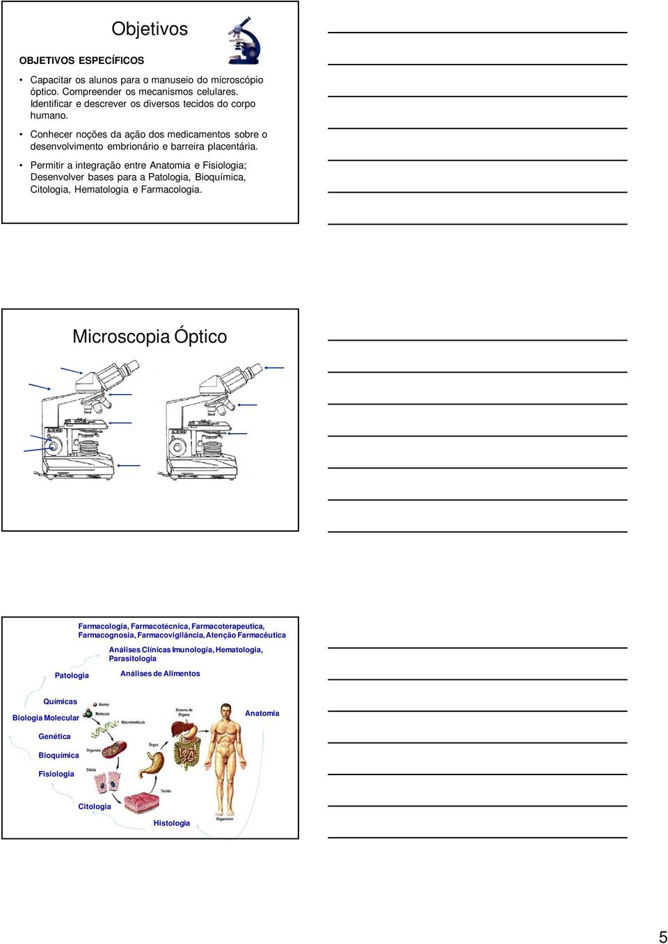 Permitir a integração entre Anatomia e Fisiologia; Desenvolver bases para a Patologia, Bioquímica, Citologia, Hematologia e Farmacologia.