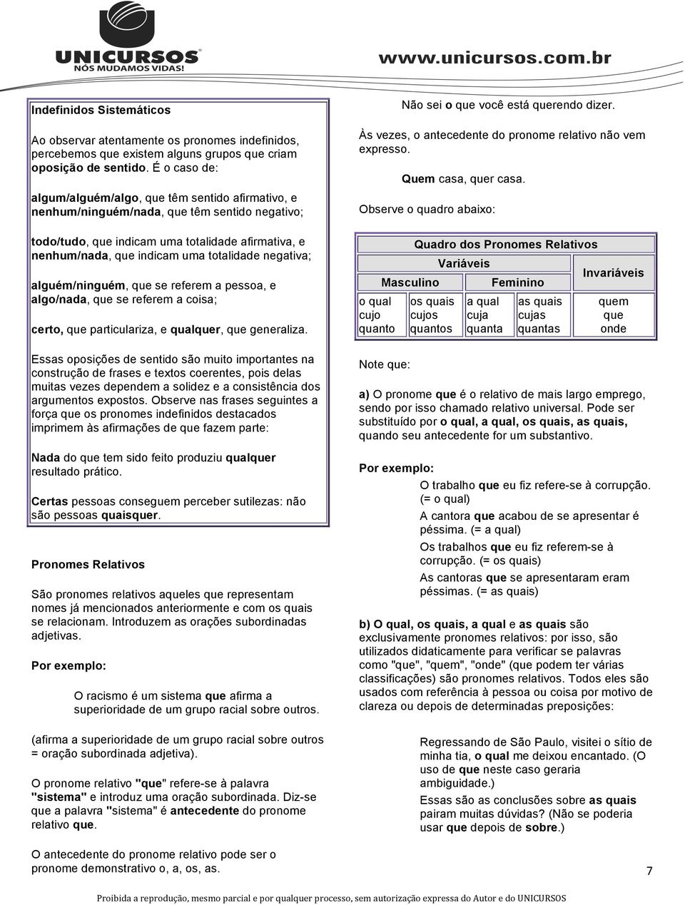 totalidade negativa; alguém/ninguém, que se referem a pessoa, e algo/nada, que se referem a coisa; certo, que particulariza, e qualquer, que generaliza.