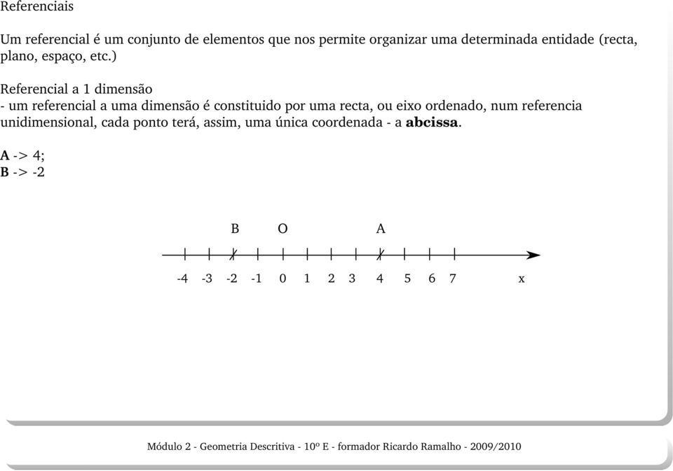 ) Referencial a 1 dimensão - um referencial a uma dimensão é constituido por uma recta, ou