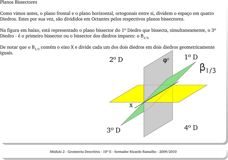 Na figura em baixo, está representado o plano bissector do 1º Diedro que bissecta, simultaneamente, o 3º Diedro - é o primeiro