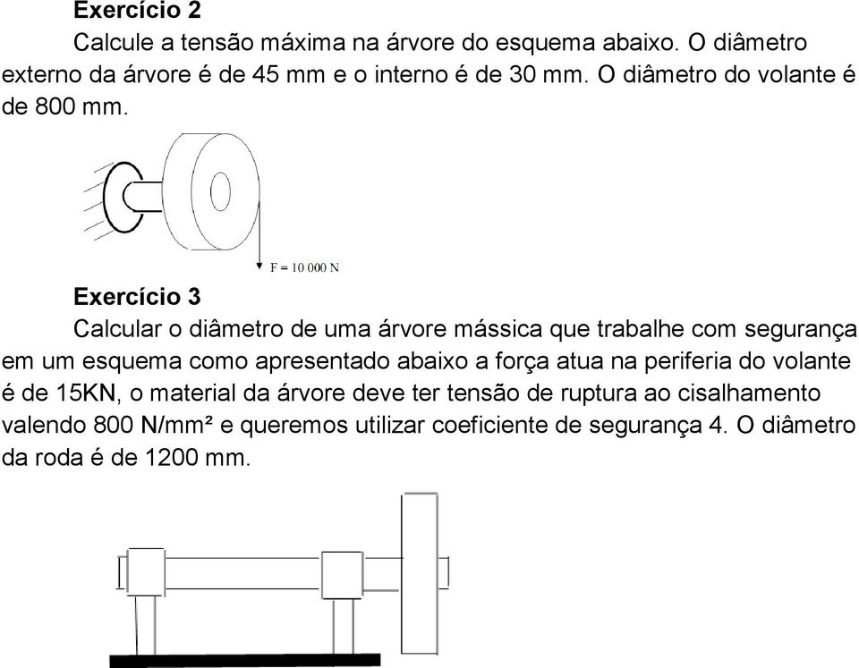 Exercício 3 Calcular o diâmetro de uma árvore mássica que trabalhe com segurança em um esquema como apresentado abaixo a