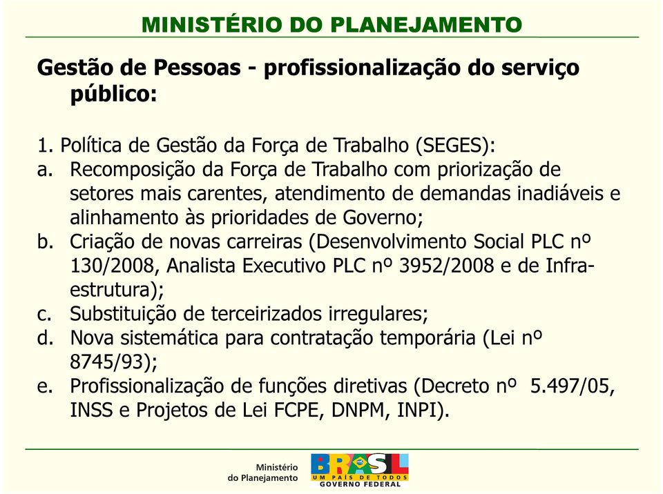 Criação de novas carreiras (Desenvolvimento Social PLC nº 130/2008, Analista Executivo PLC nº 3952/2008 e de Infraestrutura); c.