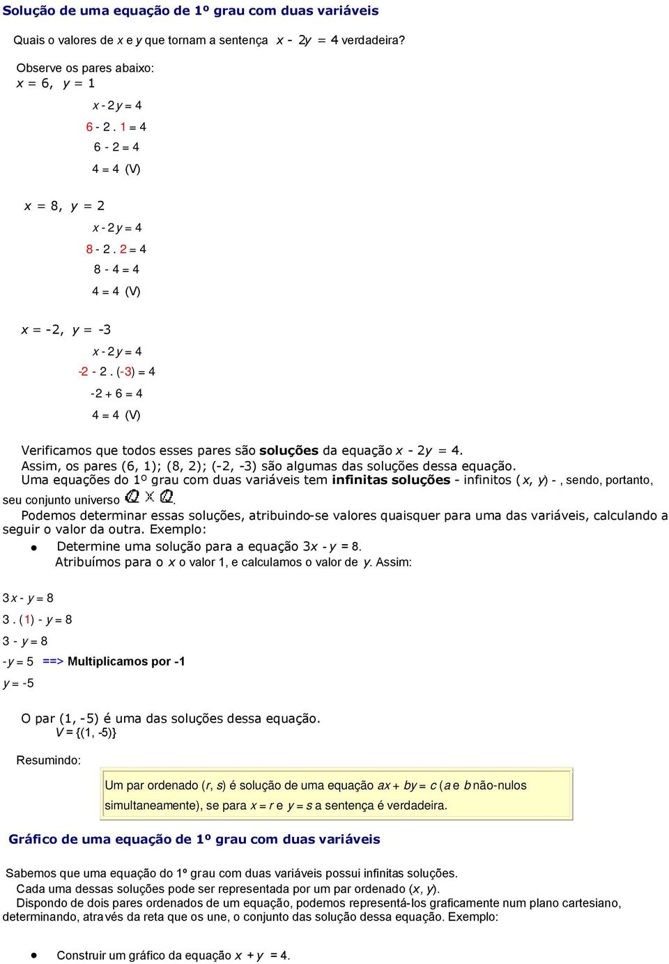 (-3) = 4-2 + 6 = 4 4 = 4 (V) Verificamos que todos esses pares são soluções da equação x - 2y = 4. Assim, os pares (6, 1); (8, 2); (-2, -3) são algumas das soluções dessa equação.