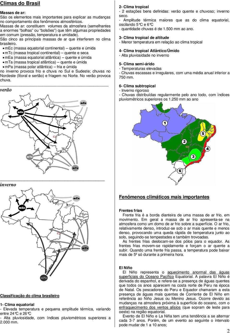 São cinco as principais massas de ar que interferem no clima brasileiro.