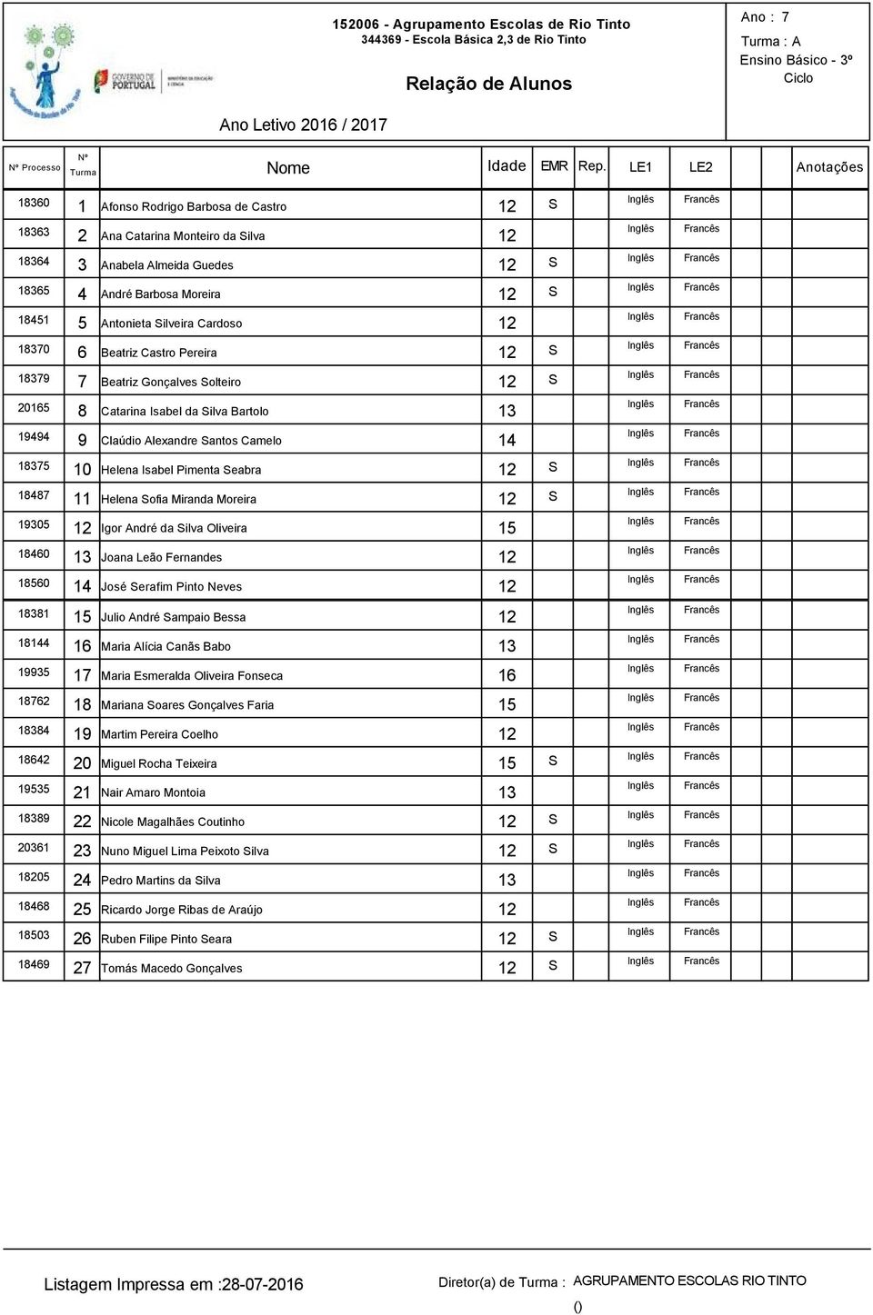 Camelo 18375 10 Helena Isabel Pimenta Seabra S 18487 11 Helena Sofia Miranda Moreira S 19305 Igor André da Silva Oliveira 18460 Joana Leão Fernandes 18560 José Serafim Pinto Neves 18381 Julio André