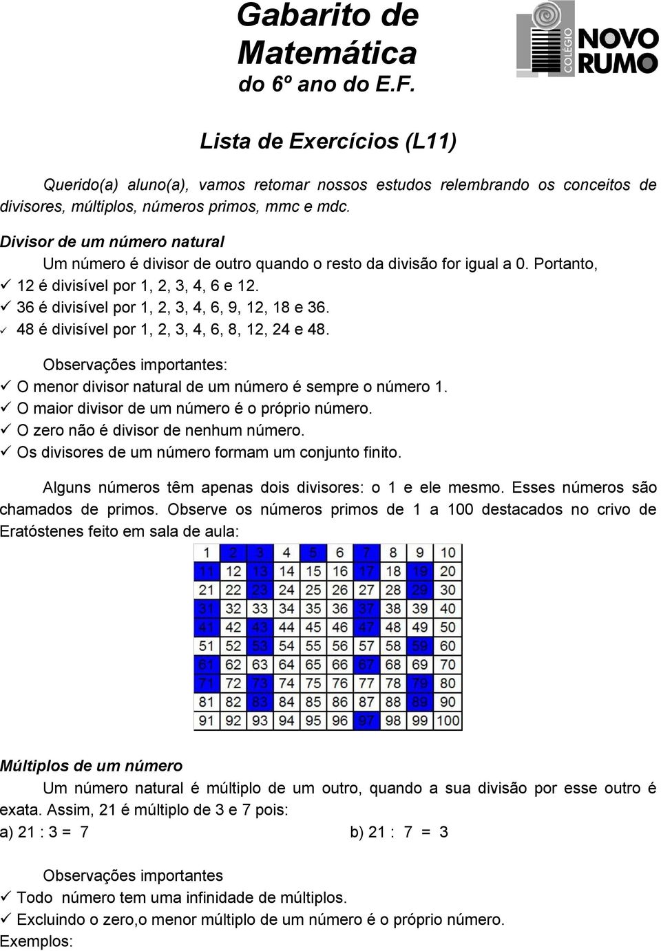 Atividade sobre Divisibilidade para o 6º ano e 7º ano - Com gabarito