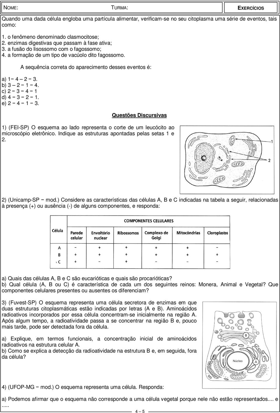 A sequência correta do aparecimento desses eventos é: Questões Discursivas 1) (FEI-SP) O esquema ao lado representa o corte de um leucócito ao microscópio eletrônico.