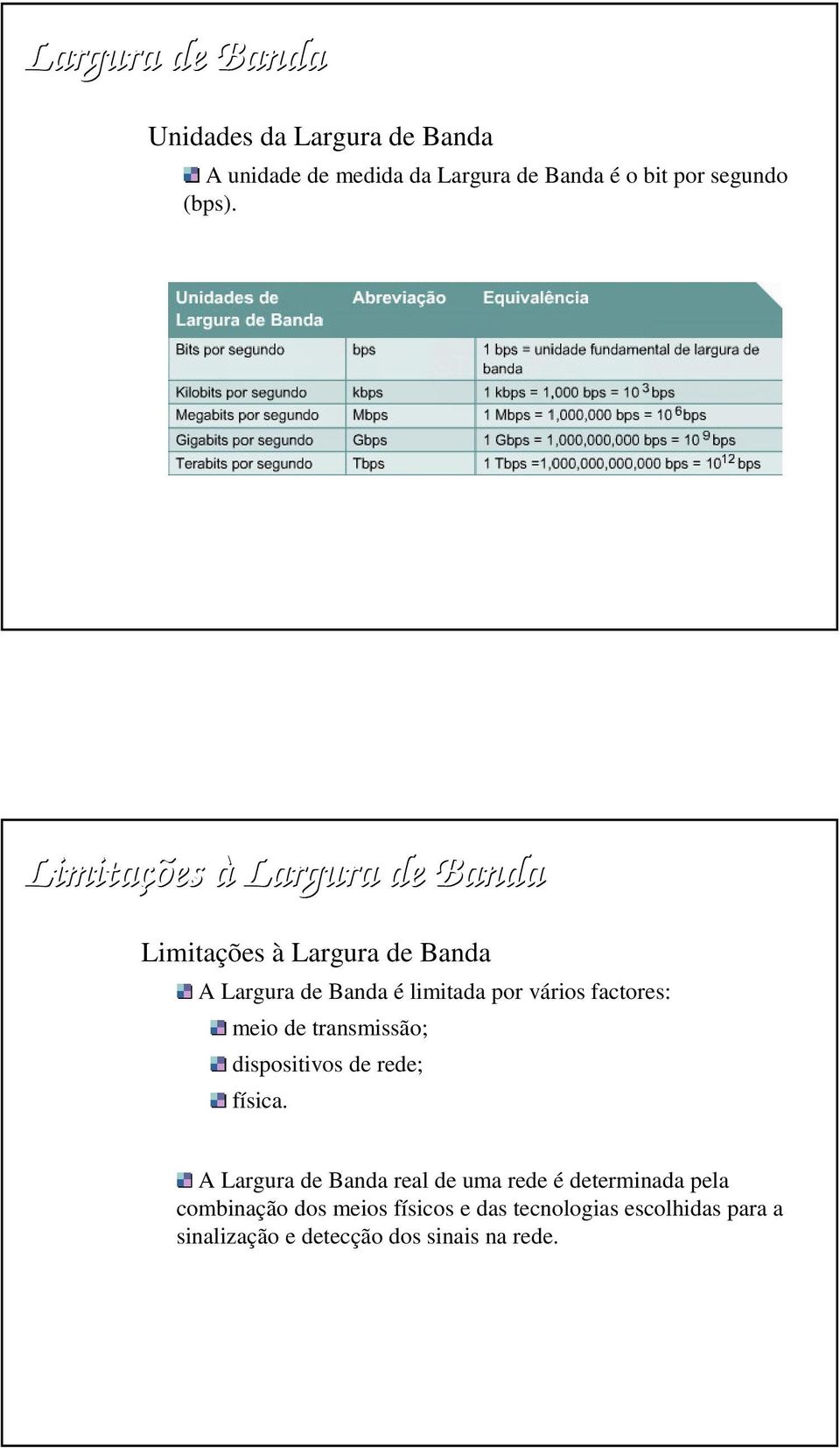 Limitações à Largura de Banda Limitações à Largura de Banda A Largura de Banda é limitada por vários