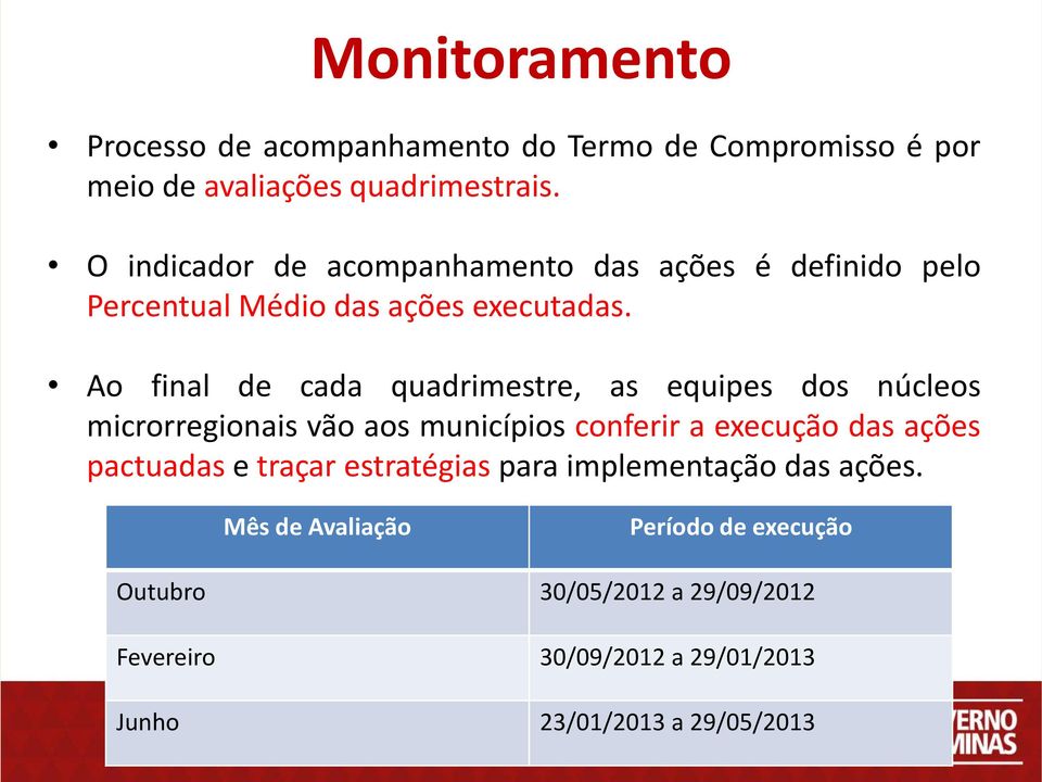 Ao final de cada quadrimestre, as equipes dos núcleos microrregionais vão aos municípios conferir a execução das ações pactuadas