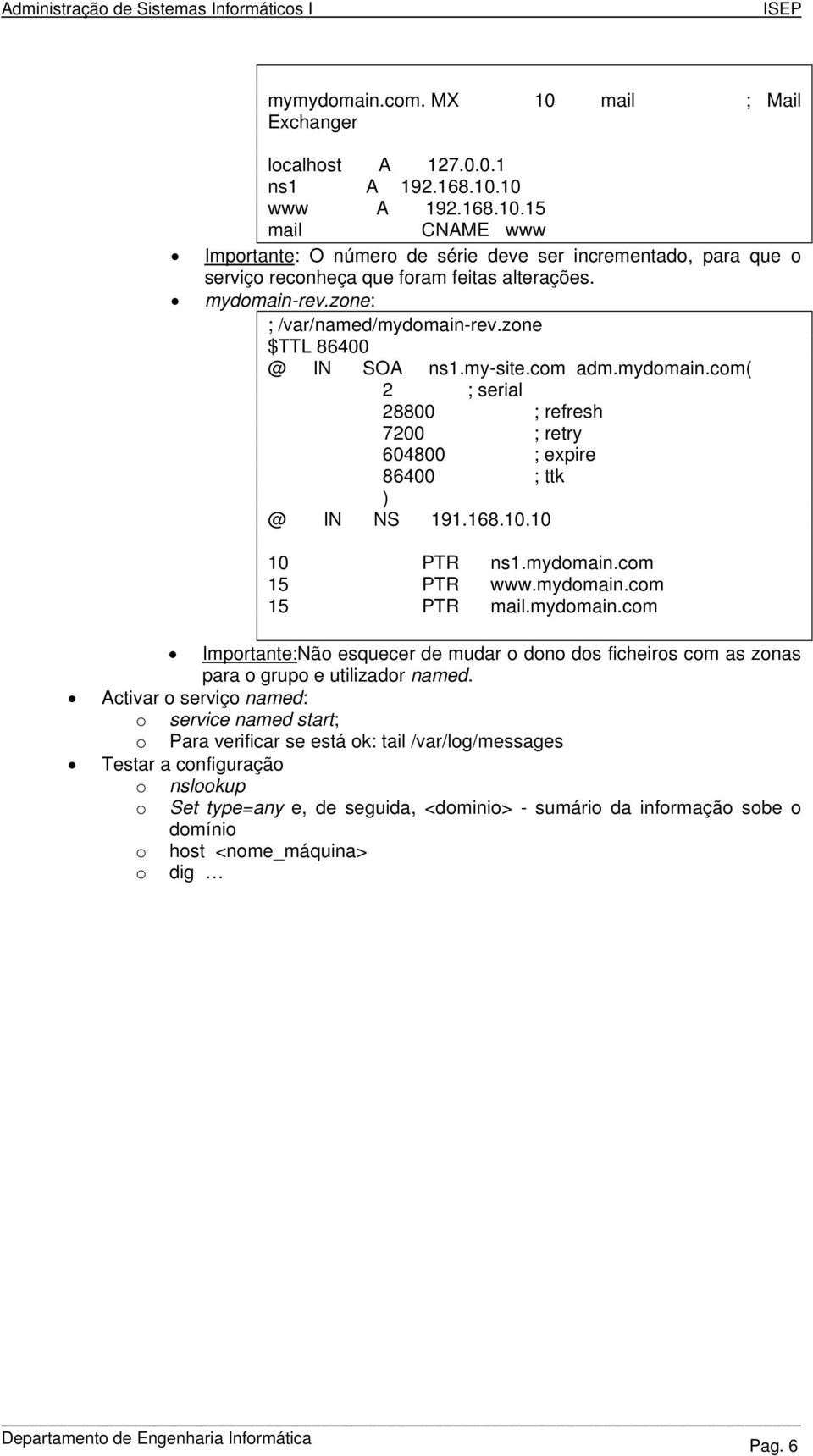 10 10 PTR ns1.mydomain.com 15 PTR www.mydomain.com 15 PTR mail.mydomain.com Importante:Não esquecer de mudar o dono dos ficheiros com as zonas para o grupo e utilizador named.