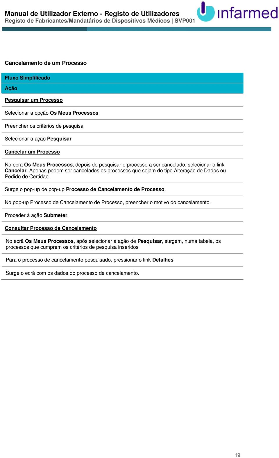 Surge o pop-up de pop-up Processo de Cancelamento de Processo. No pop-up Processo de Cancelamento de Processo, preencher o motivo do cancelamento. Proceder à ação Submeter.