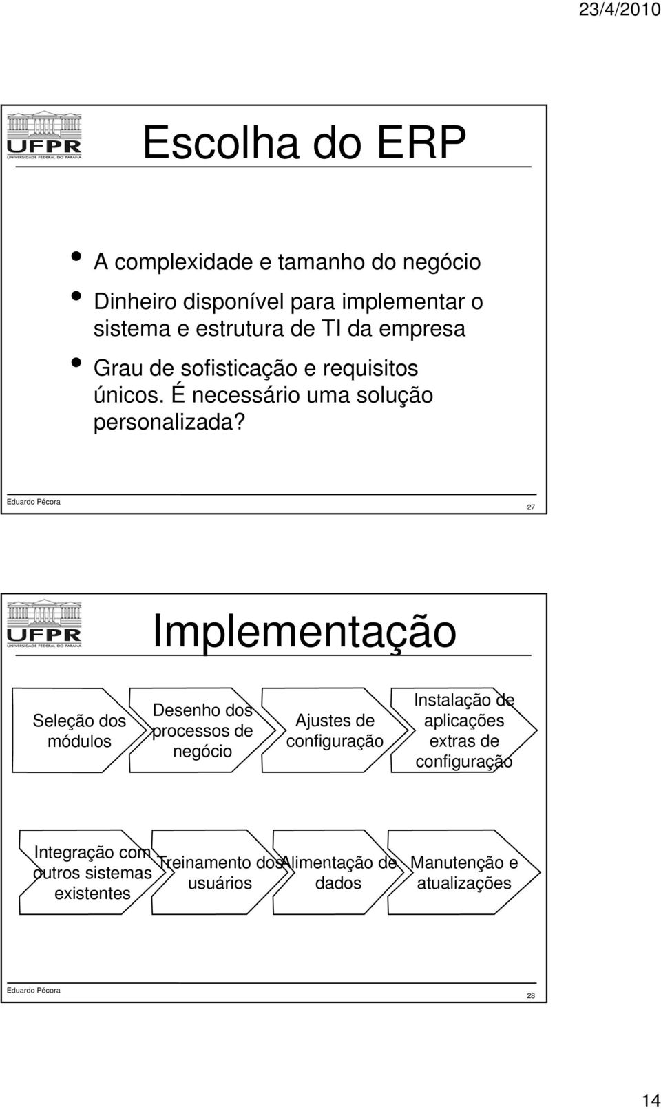 27 Implementação Seleção dos módulos Desenho dos processos de negócio Ajustes de configuração Instalação de