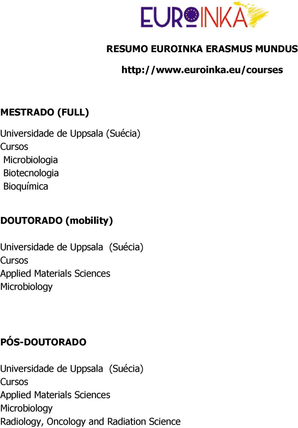 DOUTORADO (mobility) Cursos Applied Materials Sciences Microbiology