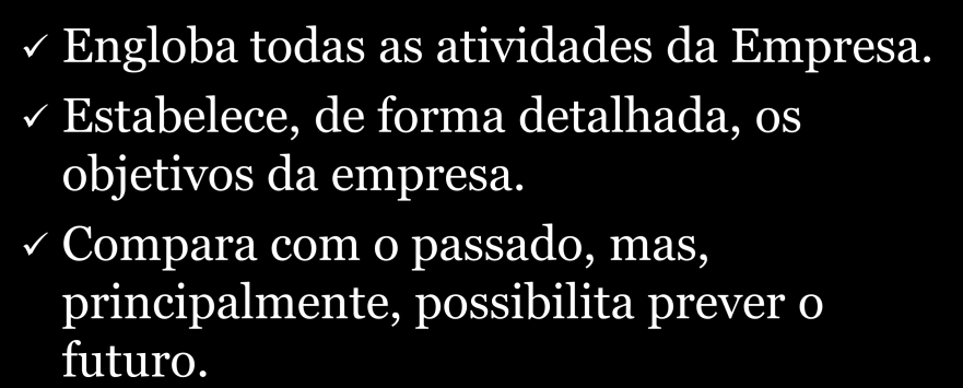 Visão Geral Engloba todas as atividades da Empresa. Estabelece, de forma detalhada, os objetivos da empresa.