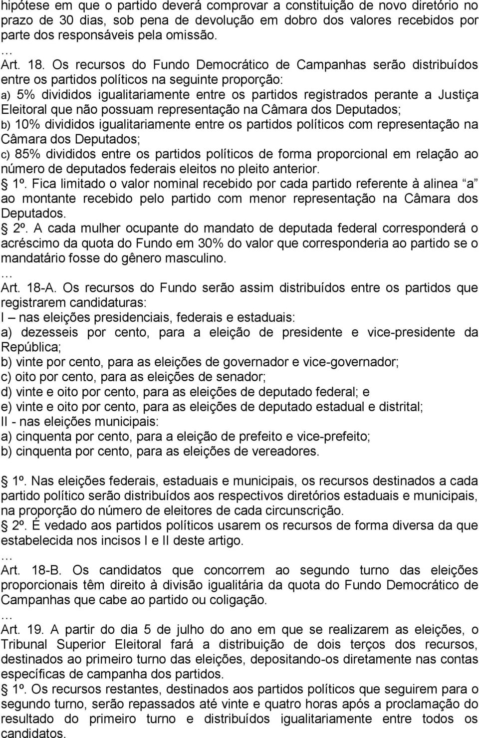 Eleitoral que não possuam representação na Câmara dos Deputados; b) 10% divididos igualitariamente entre os partidos políticos com representação na Câmara dos Deputados; c) 85% divididos entre os