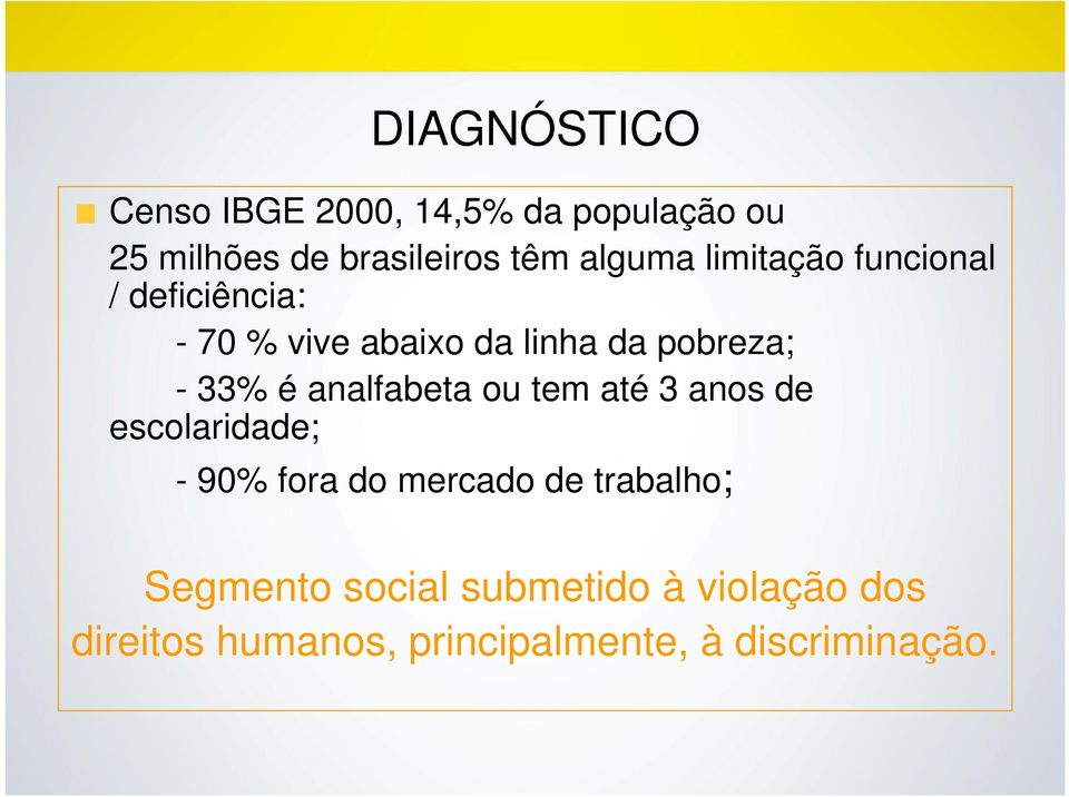 33% é analfabeta ou tem até 3 anos de escolaridade; - 90% fora do mercado de