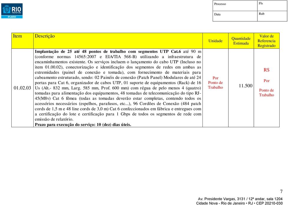 02), conectorização e identificação dos segmentos de redes em ambas as extremidades (painel de conexão e tomada), com fornecimento de materiais para cabeamento estruturado, sendo: 02 Painéis de