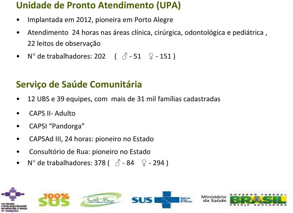 Serviço de Saúde Comunitária 12 UBS e 39 equipes, com mais de 31 mil famílias cadastradas CAPS II- Adulto CAPSI