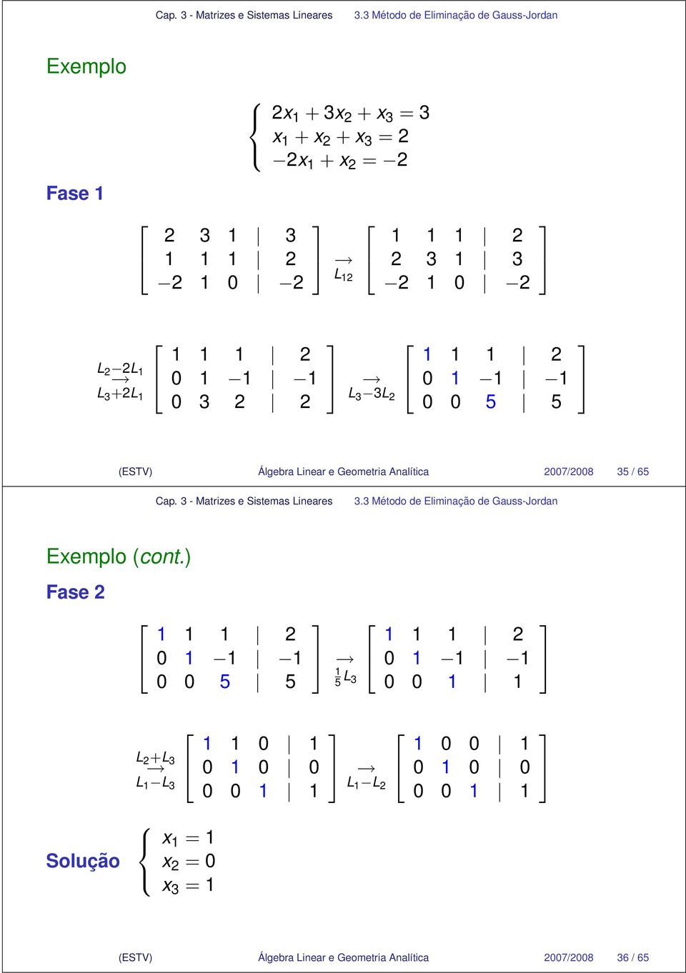 Eliminação de Gauss-Jordan Exemplo (cont) Fase 0 0 0 5 5 5 L 0 0 0 L +L L L 0 0 0 0 0 0 L L