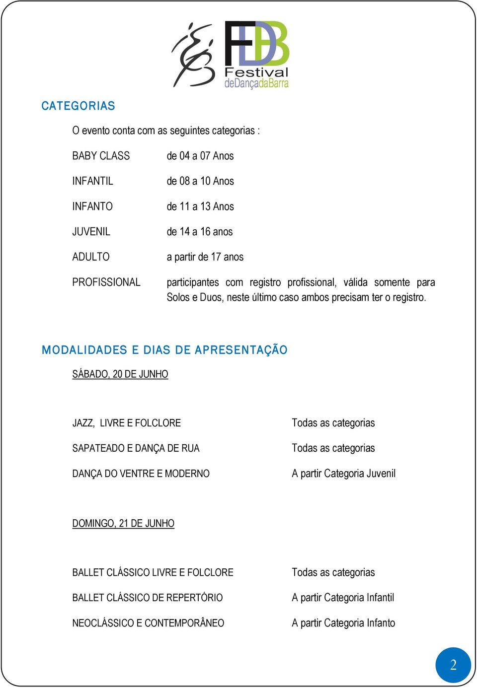 MODALIDADES E DIAS DE APRESENTAÇÃO SÁBADO, 20 DE JUNHO JAZZ, LIVRE E FOLCLORE SAPATEADO E DANÇA DE RUA DANÇA DO VENTRE E MODERNO Todas as categorias Todas as categorias A