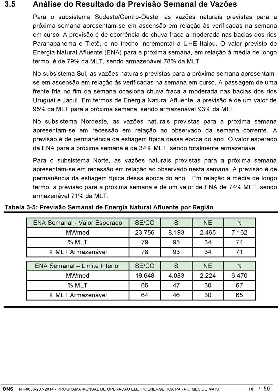 O valor previsto de Energia Natural Afluente (ENA) para a próxima semana, em relação à média de longo termo, é de 79% da MLT, sendo armazenável 78% da MLT.