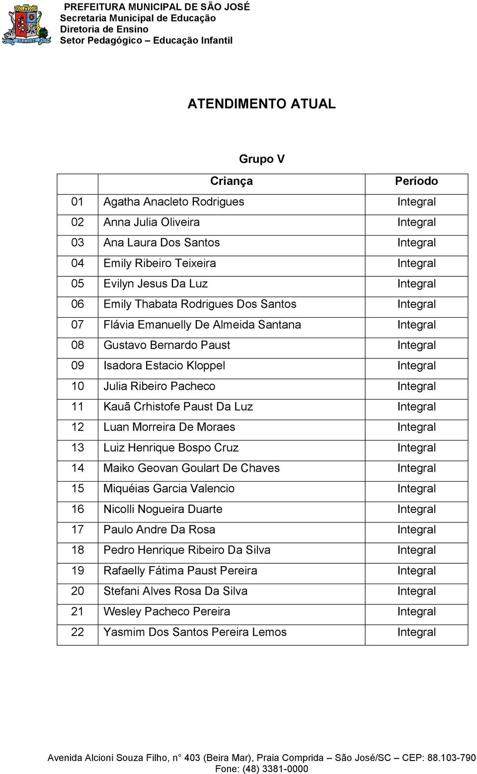 Crhistofe Paust Da Luz Integral 12 Luan Morreira De Moraes Integral 13 Luiz Henrique Bospo Cruz Integral 14 Maiko Geovan Goulart De Chaves Integral 15 Miquéias Garcia Valencio Integral 16 Nicolli